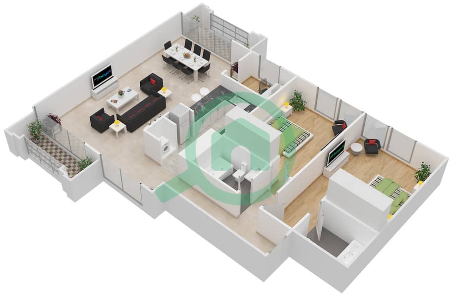 المخططات الطابقية لتصميم الوحدة 1,11 FLOOR 1-3 شقة 2 غرفة نوم - النخیل 1 Floor 1-3 interactive3D
