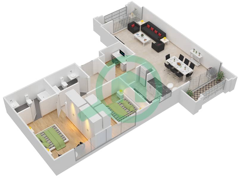 المخططات الطابقية لتصميم الوحدة 1,11 GROUND FLOOR شقة 2 غرفة نوم - النخیل 1 Ground Floor interactive3D