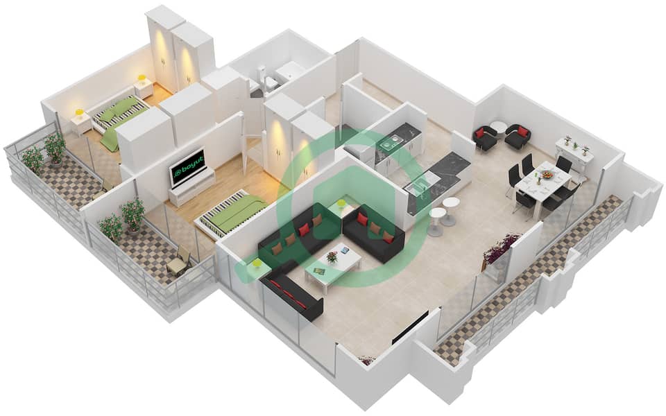 Al Nakheel 1 - 2 Bedroom Apartment Unit 4 Floor plan Ground Floor interactive3D