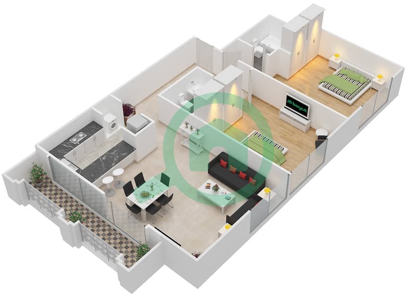 Al Nakheel 1 - 2 Bedroom Apartment Unit 12 Floor plan Floor 1-3 interactive3D
