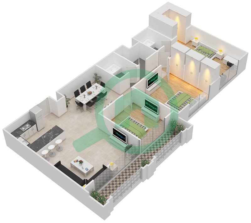 Al Nakheel 1 - 3 Bedroom Apartment Unit 2,3,6 Floor plan Ground Floor,1-3 interactive3D