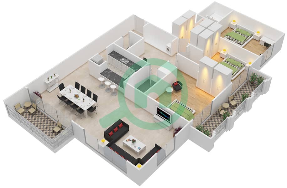 المخططات الطابقية لتصميم الوحدة 9,10 شقة 3 غرف نوم - النخیل 1 Ground Floor,1-6 interactive3D