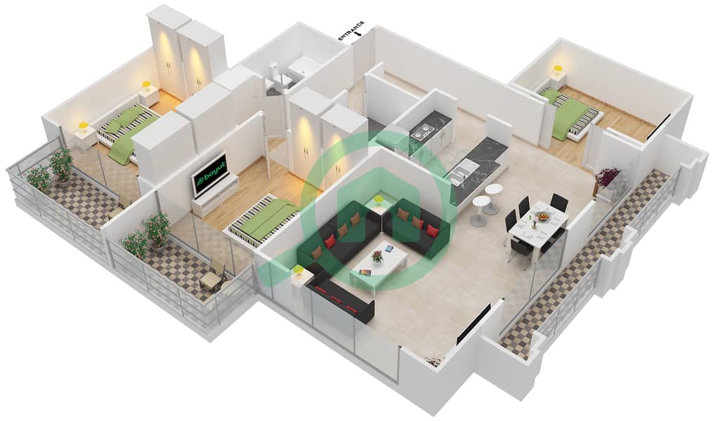 المخططات الطابقية لتصميم الوحدة 3, LEVEL 1,2,3 شقة 3 غرف نوم - النخیل 3 Level 1,2,3 interactive3D