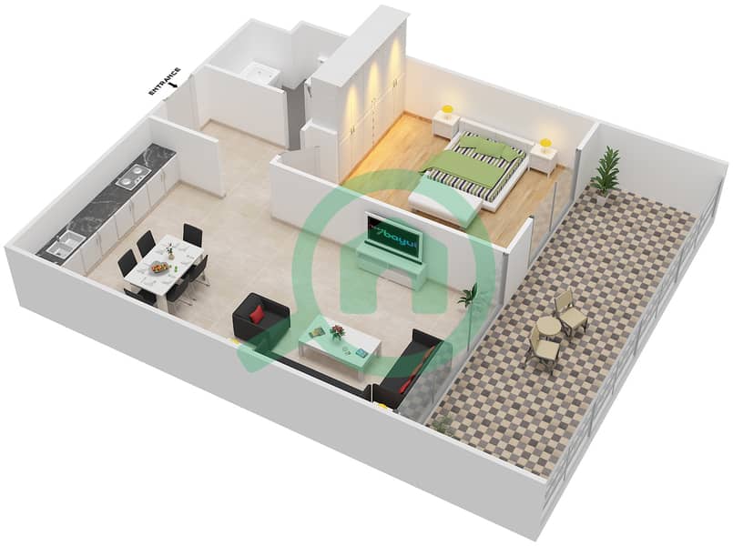 阿尔泽纳大厦C座 - 1 卧室公寓类型A14戶型图 interactive3D