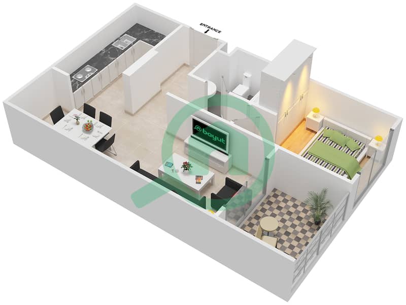 Аль Зейна Билдинг К - Апартамент 1 Спальня планировка Тип A18 interactive3D