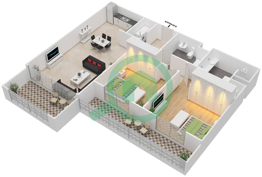 المخططات الطابقية لتصميم النموذج A1 شقة 2 غرفة نوم - الزينة C Floor 2-11 interactive3D