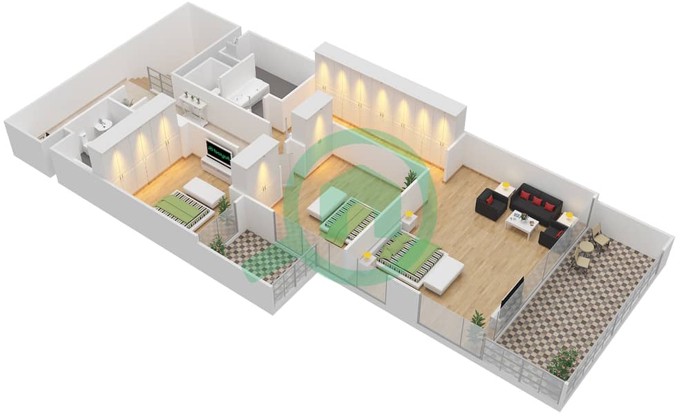 Al Zeina Building C - 3 Bedroom Townhouse Type 1 Floor plan Upper Floor interactive3D