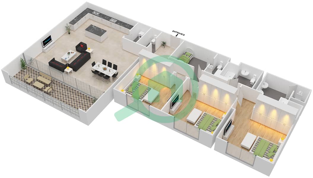 Al Zeina Building C - 3 Bedroom Apartment Type A3 Floor plan interactive3D