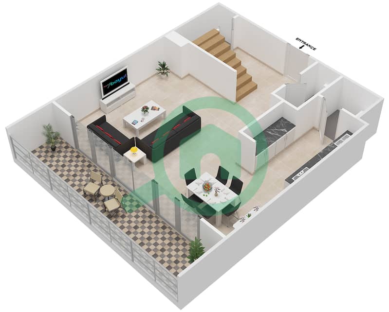 المخططات الطابقية لتصميم النموذج A2 شقة 2 غرفة نوم - الزينة C Lower Floor interactive3D