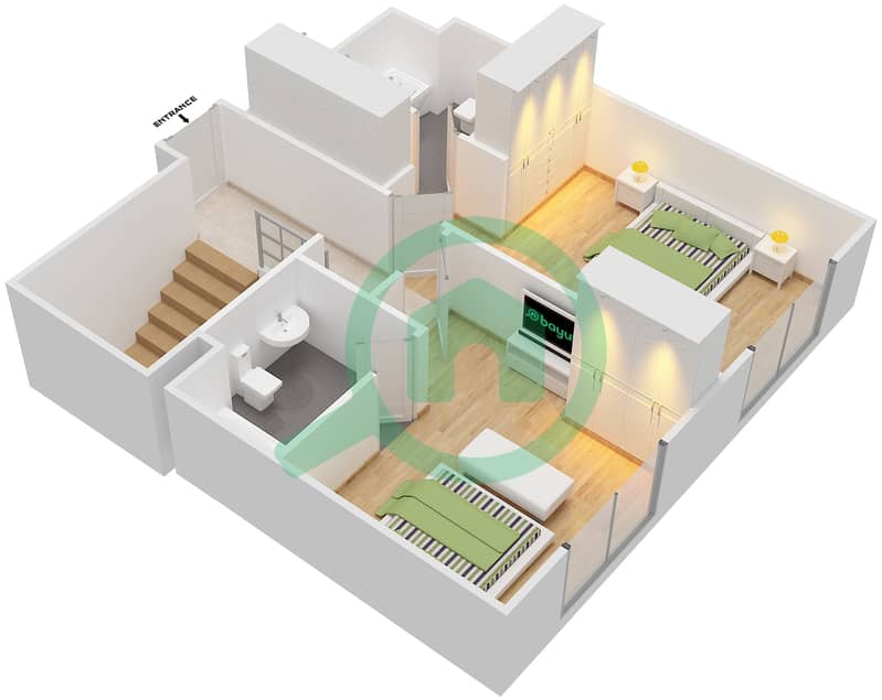 المخططات الطابقية لتصميم النموذج A2 شقة 2 غرفة نوم - الزينة C Upper Floor interactive3D