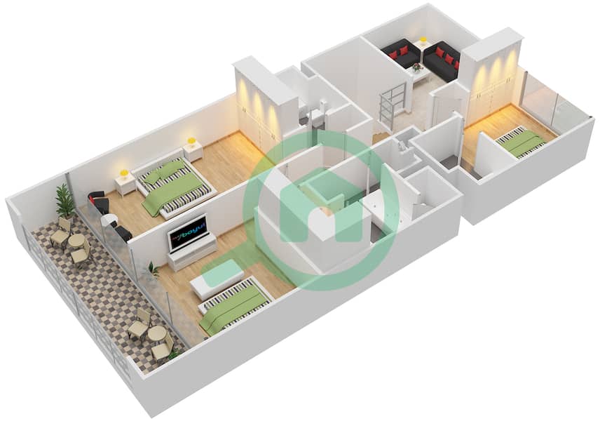 Al Zeina Building C - 3 Bedroom Townhouse Type 7 Floor plan Upper Floor interactive3D