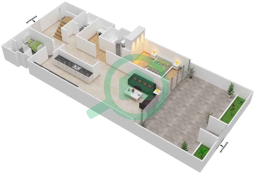 المخططات الطابقية لتصميم النموذج 6 تاون هاوس 3 غرف نوم - الزينة C Lower Floor interactive3D