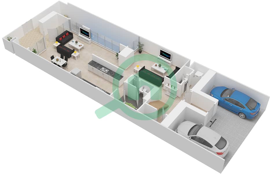 المخططات الطابقية لتصميم النموذج 1 تاون هاوس 3 غرف نوم - الزينة C Lower Floor interactive3D