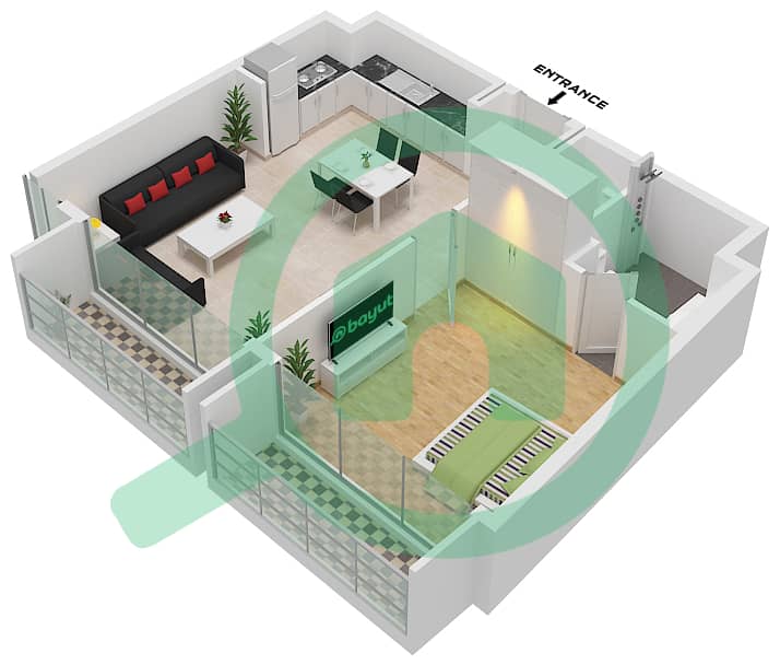 Vida Residence Aljada - 1 Bedroom Apartment Type D-1 Floor plan Floor-2,4,6,8 interactive3D