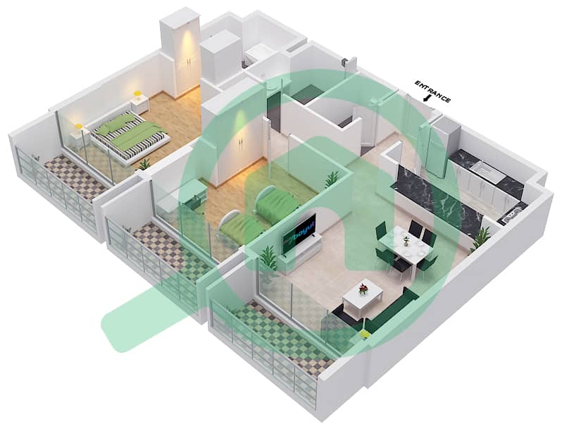Vida Residence Aljada - 2 Bedroom Apartment Type A-1 Floor plan Floor-2,4,6,8 interactive3D