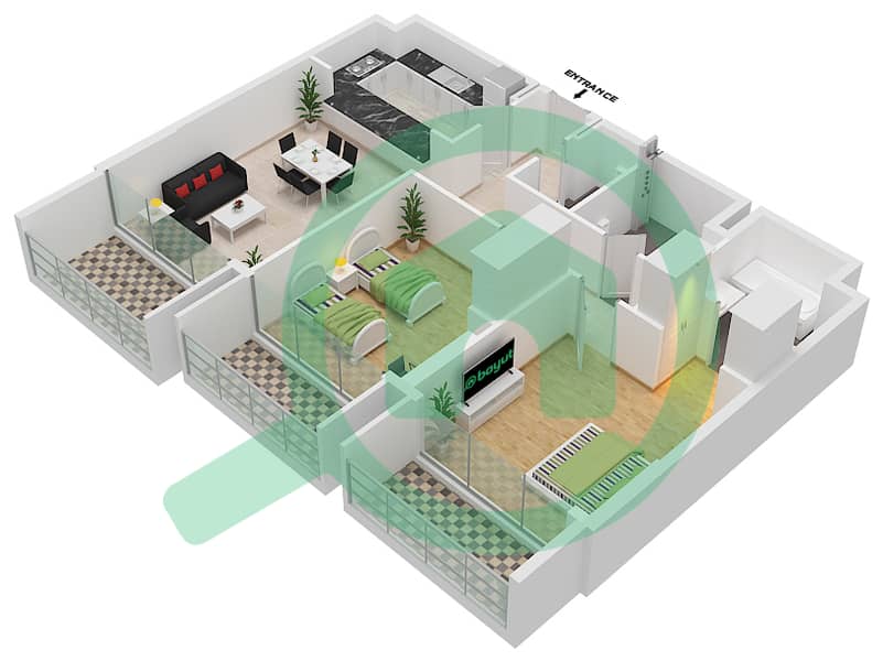Vida Residence Aljada - 2 Bedroom Apartment Type A-2 Floor plan Floor-2,4,6,8 interactive3D