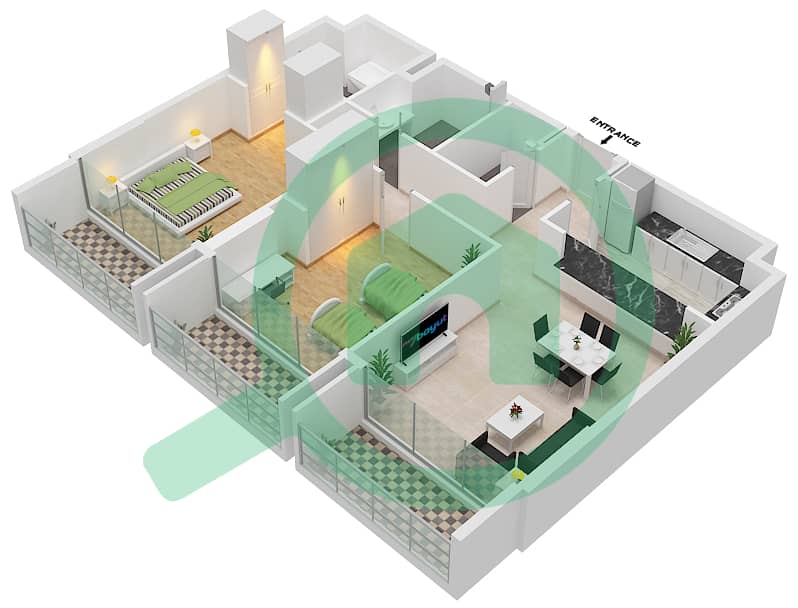 Vida Residence Aljada - 2 Bedroom Apartment Type A-3, FLOOR-1,3,5,7 Floor plan Floor-1,3,5,7 interactive3D