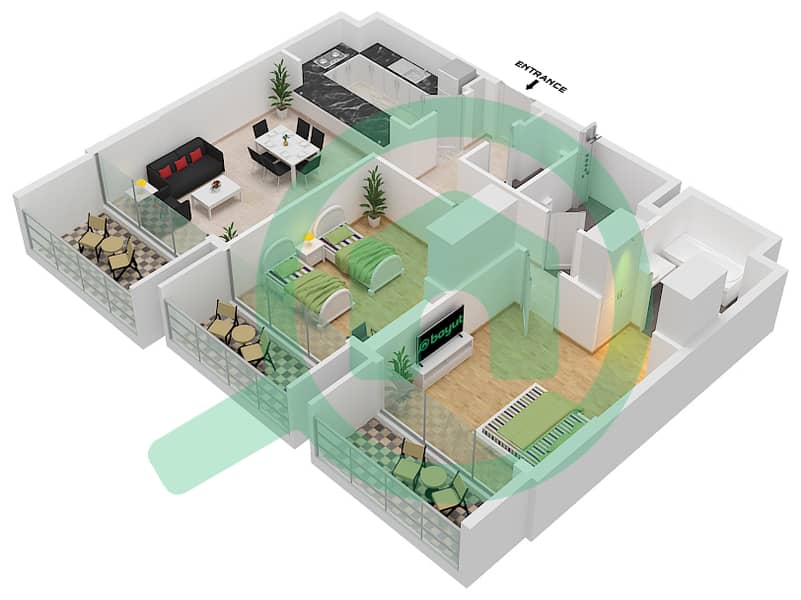 Vida Residence Aljada - 2 Bedroom Apartment Type A-4, FLOOR-1,3,5,7 Floor plan Floor-1,3,5,7 interactive3D