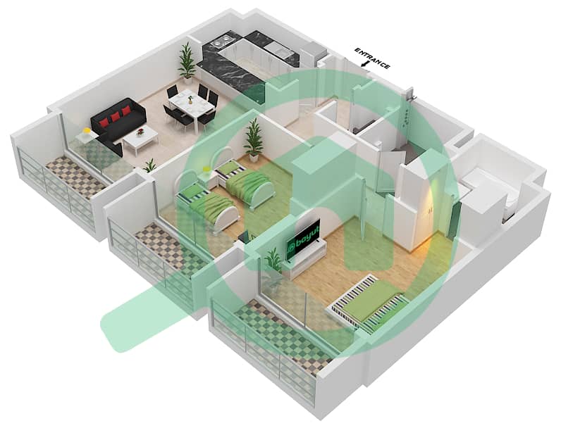 المخططات الطابقية لتصميم النموذج B-2, FLOOR-1,3,5,7 شقة 2 غرفة نوم - فيدا ريزيدنس الجادة Floor-1,3,5,7 interactive3D