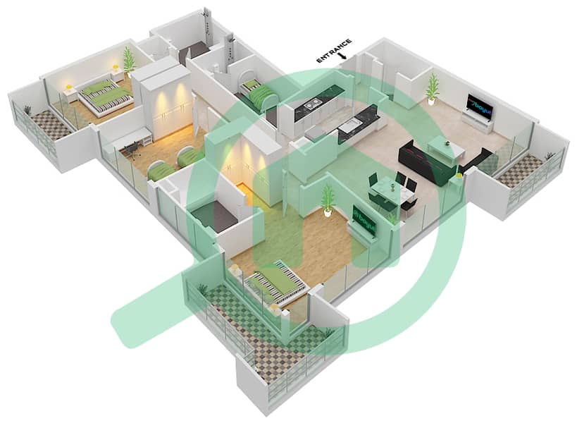 Резиденция Вида в Алжада - Апартамент 3 Cпальни планировка Тип A-2 Floor-1,3,5,7 interactive3D