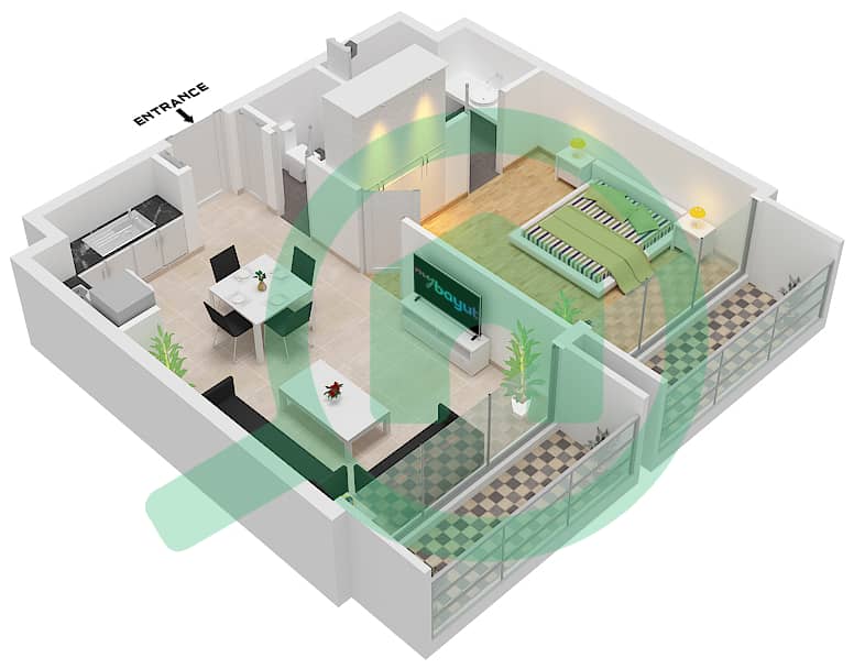 المخططات الطابقية لتصميم الوحدة 101 شقة 1 غرفة نوم - فيدا ريزيدنس الجادة First Floor interactive3D