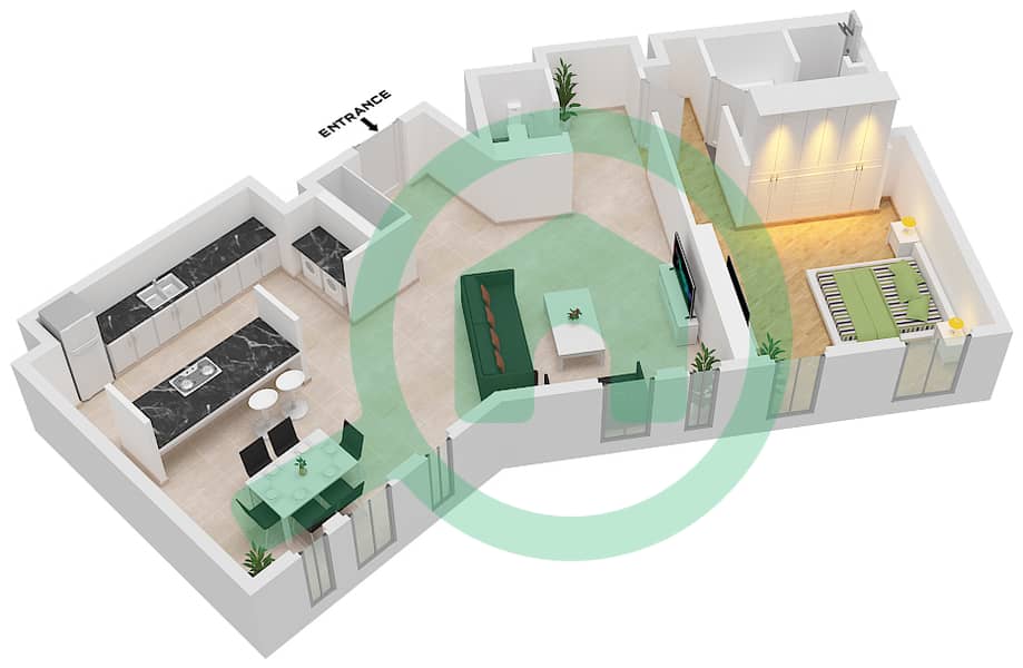 المخططات الطابقية لتصميم النموذج / الوحدة 1-6/2 شقة 1 غرفة نوم - بناية الشقق 10 Floor 1,2 interactive3D