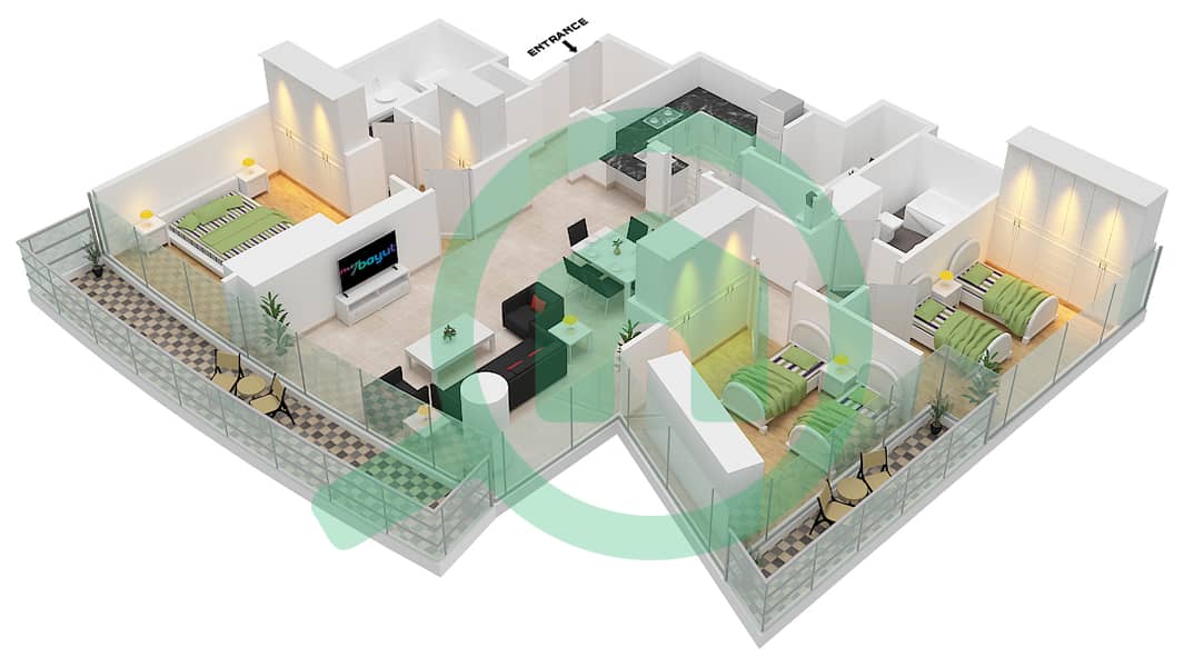 ДАМАК Хайтс - Апартамент 3 Cпальни планировка Тип A interactive3D