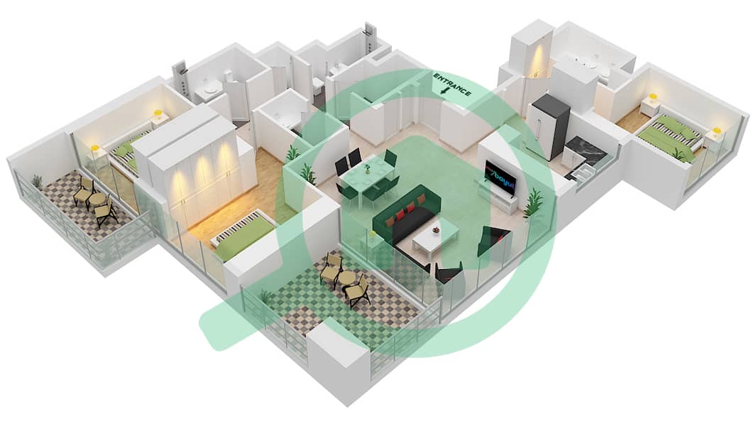 Даунтаун Вьюс - Апартамент 3 Cпальни планировка Единица измерения 6 Floor 37-53 interactive3D