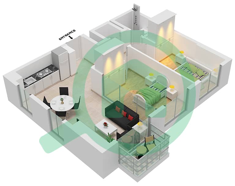 المخططات الطابقية لتصميم النموذج B شقة 2 غرفة نوم - كولكتيف 2.0 interactive3D