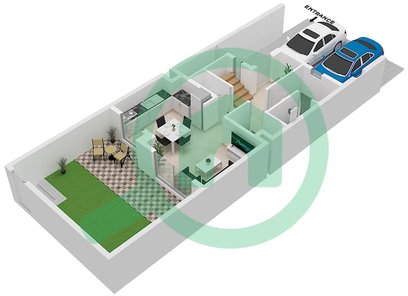المخططات الطابقية لتصميم النموذج A تاون هاوس 3 غرف نوم - فلل اكسبو جولف 3 (باركسايد 3) Ground Floor interactive3D