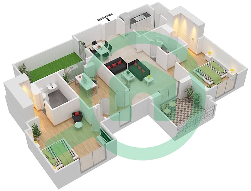 المخططات الطابقية لتصميم الوحدة 1 FLOOR-4 شقة 2 غرفة نوم - ريحان 3 Floor-4 interactive3D