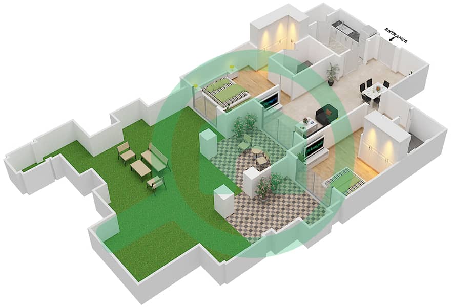 المخططات الطابقية لتصميم الوحدة 2 GROUND FLOOR شقة 2 غرفة نوم - ريحان 3 Ground Floor interactive3D