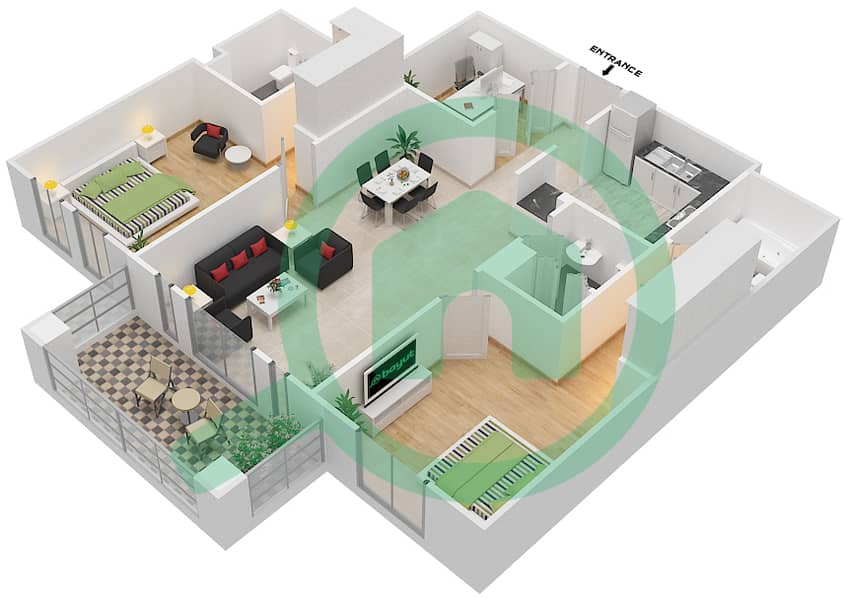 المخططات الطابقية لتصميم الوحدة 3 FLOOR-1-3 شقة 2 غرفة نوم - ريحان 3 Floor-1-3 interactive3D