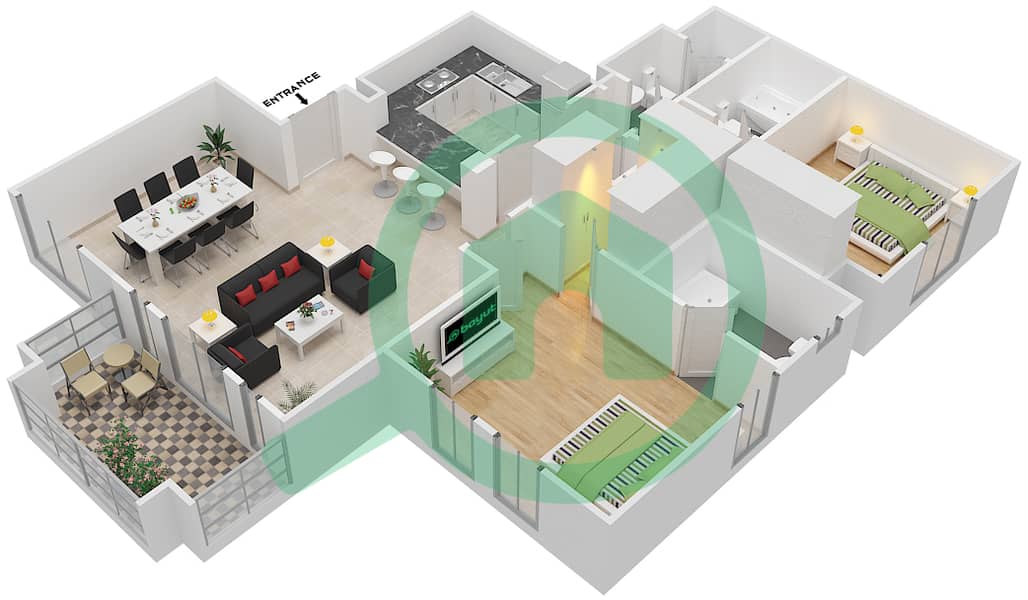 المخططات الطابقية لتصميم الوحدة 4 FLOOR-1-3 شقة 2 غرفة نوم - ريحان 3 Floor-1-3 interactive3D