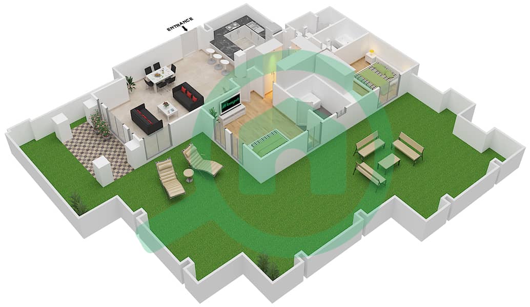 المخططات الطابقية لتصميم الوحدة 4 GROUND FLOOR شقة 2 غرفة نوم - ريحان 3 Ground Floor interactive3D