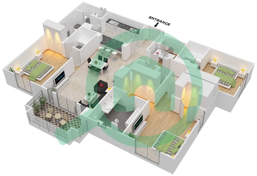 锐翰3号楼 - 3 卧室公寓单位5 FLOOR-1-3戶型图 Floor-1-3 interactive3D