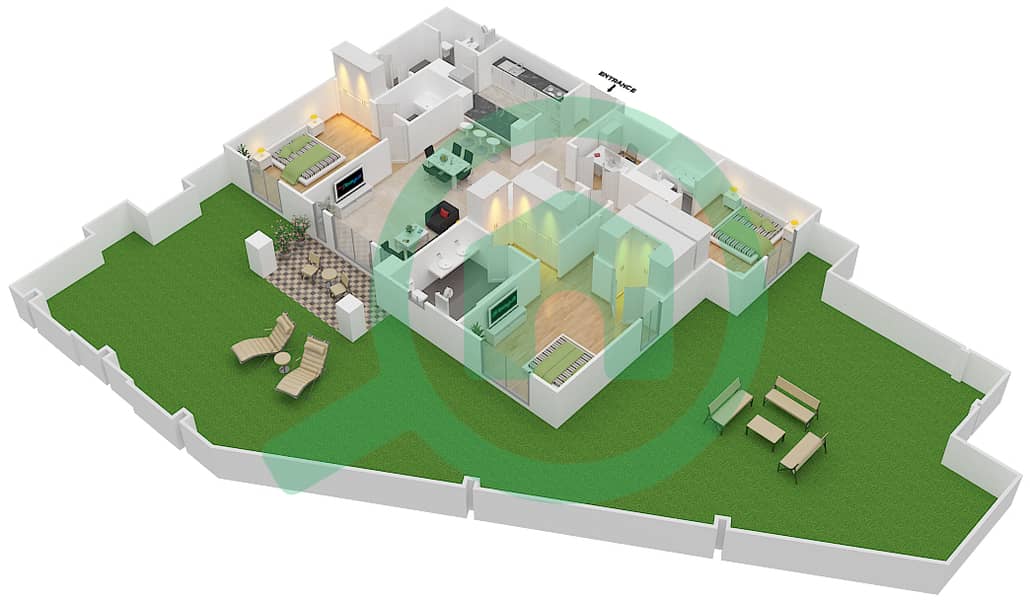 المخططات الطابقية لتصميم النموذج 5 GROUND FLOOR شقة 3 غرف نوم - ريحان 3 Ground Floor interactive3D