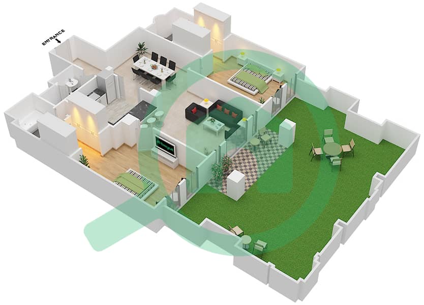 المخططات الطابقية لتصميم الوحدة 8 GROUND FLOOR شقة 2 غرفة نوم - ريحان 3 Ground Floor interactive3D