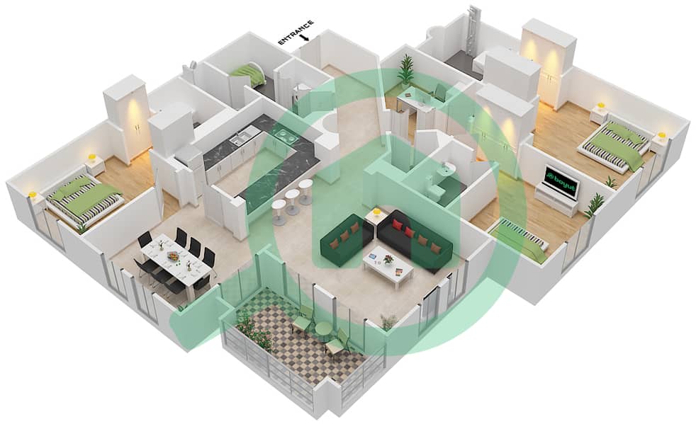 锐翰3号楼 - 3 卧室公寓单位9 FLOOR-2-4戶型图 Floor-2-4 interactive3D