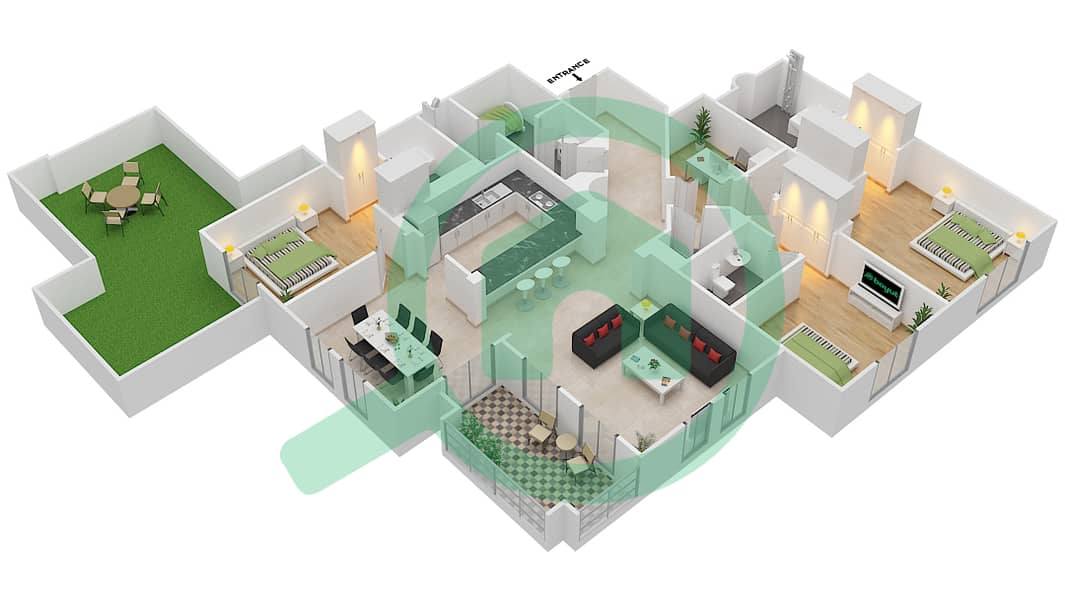 锐翰3号楼 - 3 卧室公寓单位9 FLOOR-1戶型图 Floor-1 interactive3D