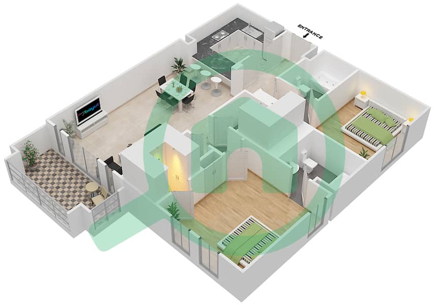 المخططات الطابقية لتصميم الوحدة 10 FLOOR-2-4 شقة 2 غرفة نوم - ريحان 3 Floor-2-4 interactive3D
