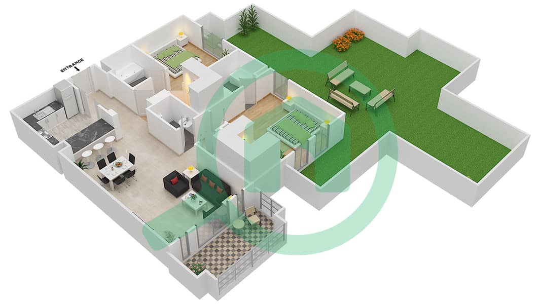 المخططات الطابقية لتصميم الوحدة 10 FLOOR-1 شقة 2 غرفة نوم - ريحان 3 Floor-1 interactive3D