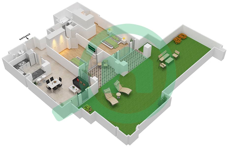 المخططات الطابقية لتصميم الوحدة 10 GROUND FLOOR شقة 2 غرفة نوم - ريحان 3 Ground Floor interactive3D