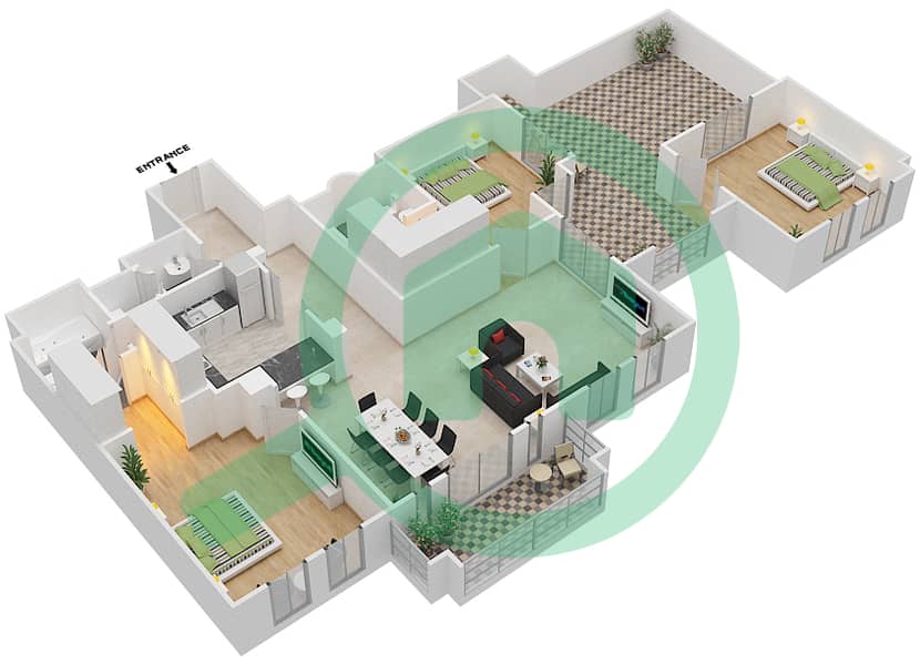 锐翰3号楼 - 3 卧室公寓单位8 FLOOR-4戶型图 Floor-4 interactive3D