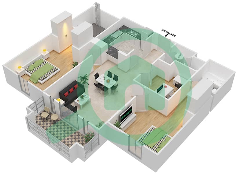 المخططات الطابقية لتصميم الوحدة 12 FLOOR 1-3 شقة 2 غرفة نوم - ريحان 4 Floor 1-3 interactive3D