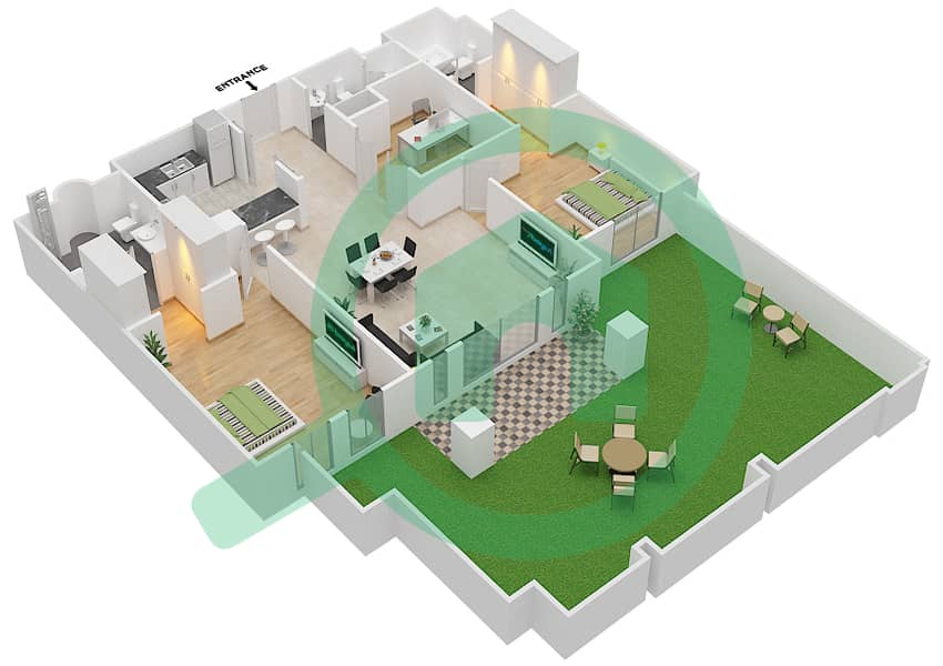 المخططات الطابقية لتصميم الوحدة 12 GROUND FLOOR شقة 2 غرفة نوم - ريحان 4 Ground Floor interactive3D