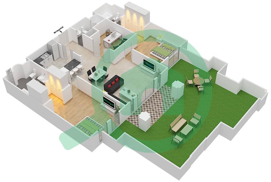 المخططات الطابقية لتصميم الوحدة 12 / GROUND FLOOR شقة 2 غرفة نوم - ريحان 5 Ground Floor interactive3D