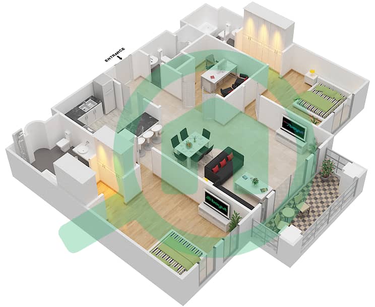 Рихан 5 - Апартамент 2 Cпальни планировка Единица измерения 12 / FLOOR-1-3 Floor-1-3 interactive3D