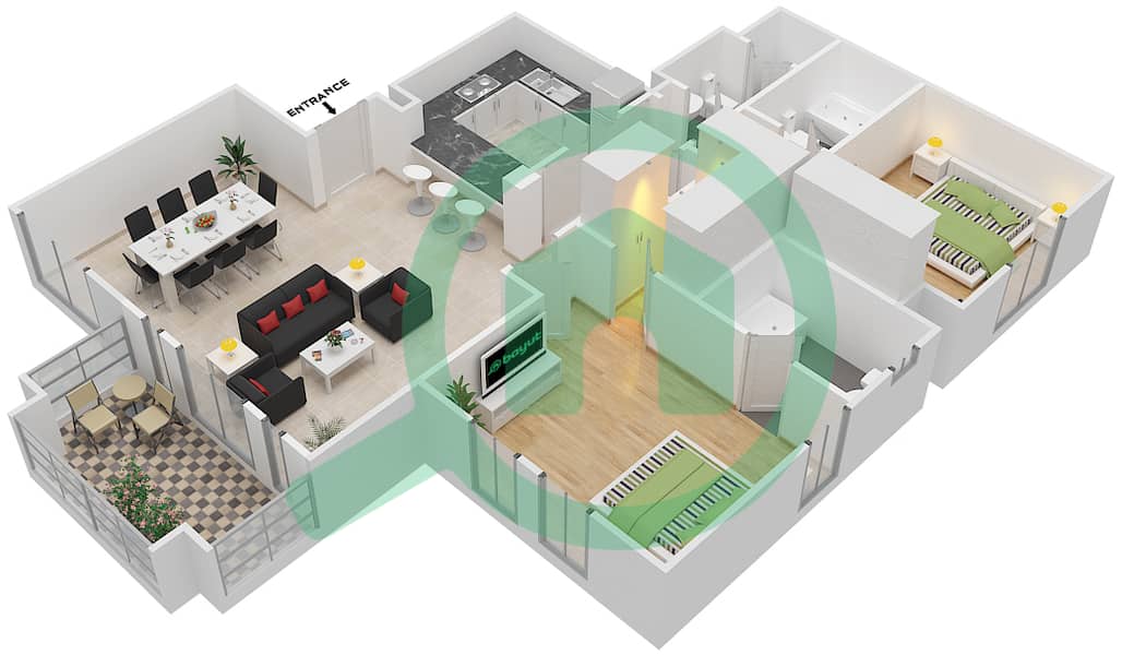 المخططات الطابقية لتصميم الوحدة 4 / FLOOR-1-3 شقة 2 غرفة نوم - ريحان 6 Floor-1-3 interactive3D