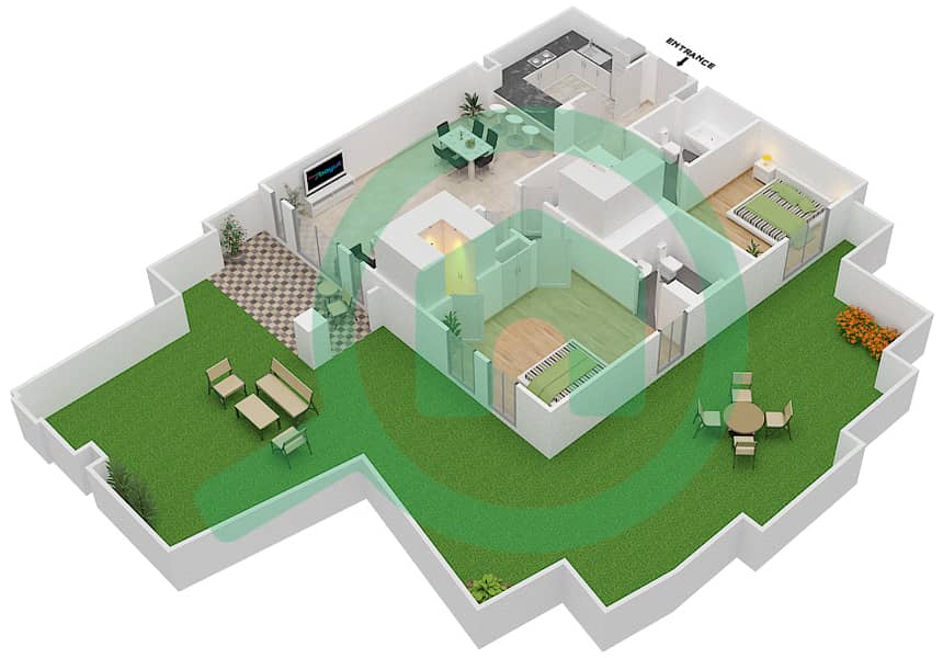 المخططات الطابقية لتصميم الوحدة 10 GROUND FLOOR شقة 2 غرفة نوم - ريحان 6 Ground Floor interactive3D